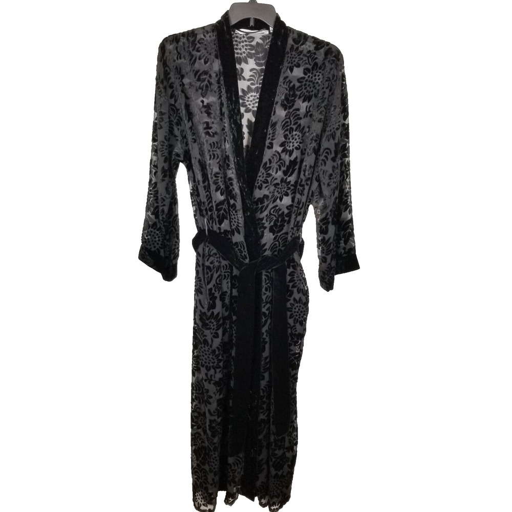 Victoria's Secret Kimono Robe Size‎ M  Black Sheer Velvet Floral VTG